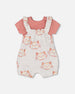 Organic Cotton Pointelle Knit Onesie And Shortall Set Heather Beige With Printed Cat - F30A12_078