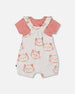 Organic Cotton Pointelle Knit Onesie And Shortall Set Heather Beige With Printed Cat - F30A12_078