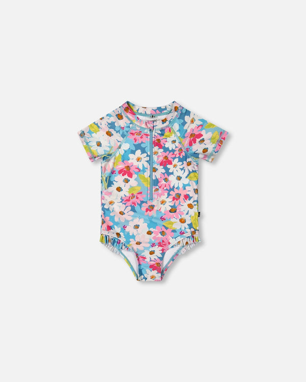 Printed Short Sleeve One-Piece Swimsuit With Frills White, Pink, And Green Flowers Swimwear Deux par Deux