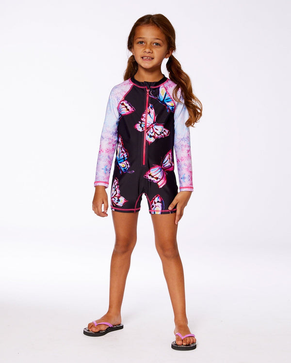 Printed Long Sleeve One-Piece Rashguard Black And Multicolored Butterflies - G30NG41_059