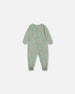 Printed Organic Cotton One-Piece Pajama Small Pink And Blue Flowers On Light Sage Pajamas Deux par Deux