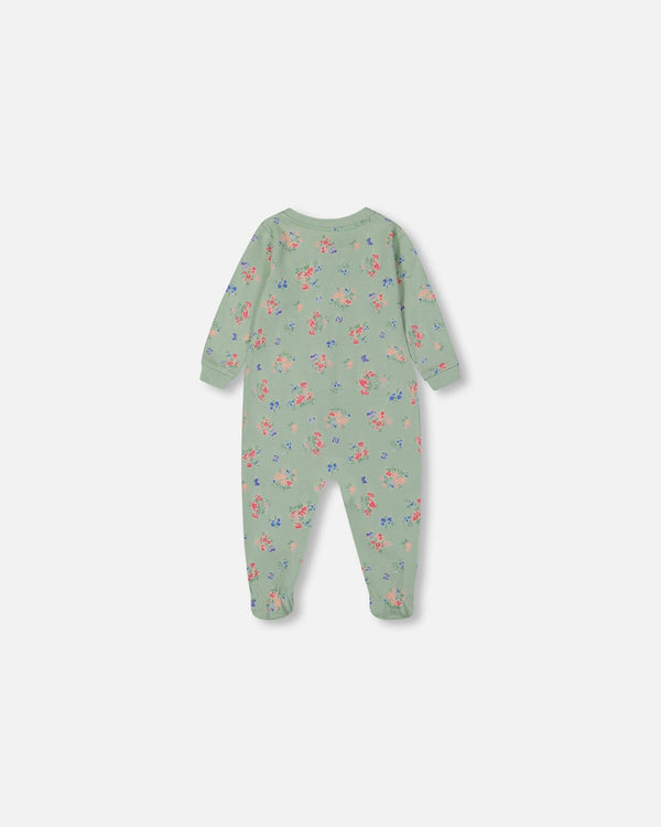 Printed Organic Cotton One-Piece Pajama Small Pink And Blue Flowers On Light Sage Pajamas Deux par Deux
