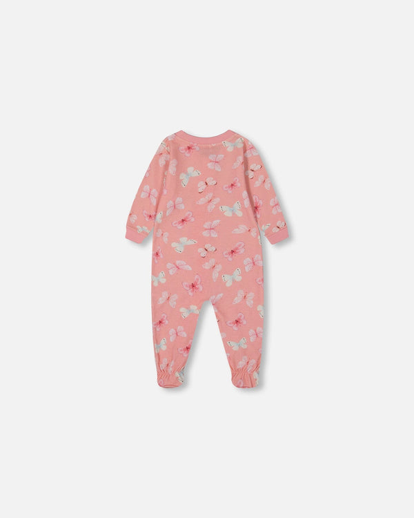 Printed Organic Cotton One-Piece Pajama Pink And Blue Butterflies On Old Pink Pajamas Deux par Deux