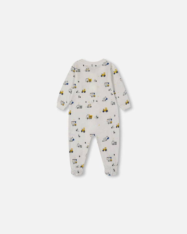 Printed Organic Cotton One-Piece Pajama Off-White And Multi Truck Pajamas Deux par Deux