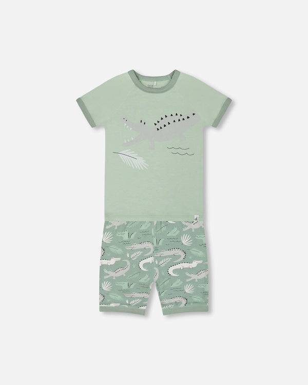 Organic Cotton Two-Piece Short Pajama Set Light Sage And Gray Crocodile Pajamas Deux par Deux 12m