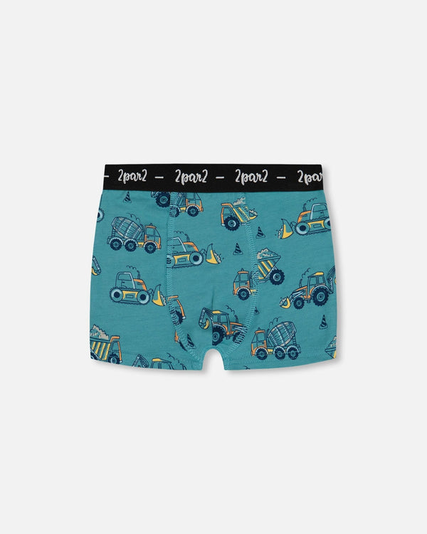 Printed Organic Cotton Boxer Shorts Teal With Yellow Truck - G30PB60_045