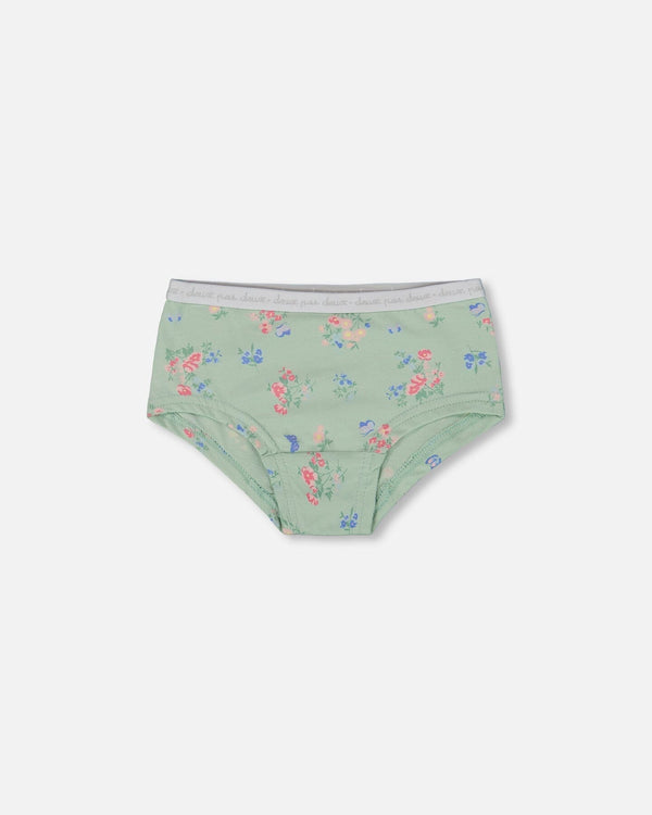 Printed Organic Cotton Boyshort Panty Small Pink And Blue Flowers On Light Sage - G30PG60_029