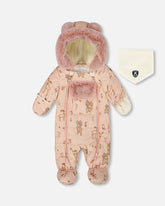 Combinaison de neige BABY LAYETTE conçue pour siège d’auto rose imprimé animaux