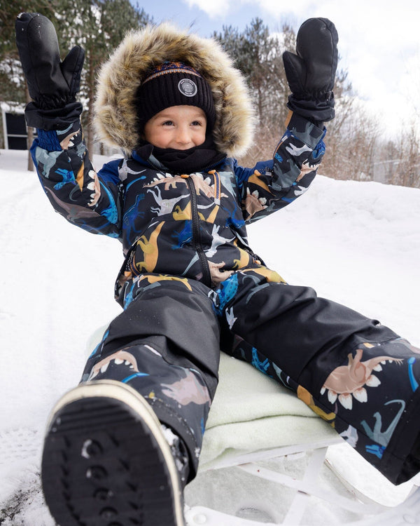 One-Piece Play Snowsuit Black Dinosaur Print - H10PB74_026