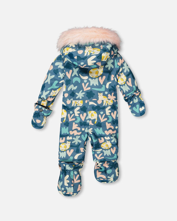 One-Piece Baby Play Snowsuit Designed For Car Seat Green Cat Print - H10PBG74_006