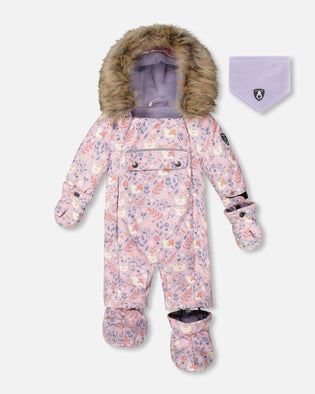 One-Piece Baby Play Snowsuit Designed For Car Seat Lilac Cat Print - H10PBG74_008