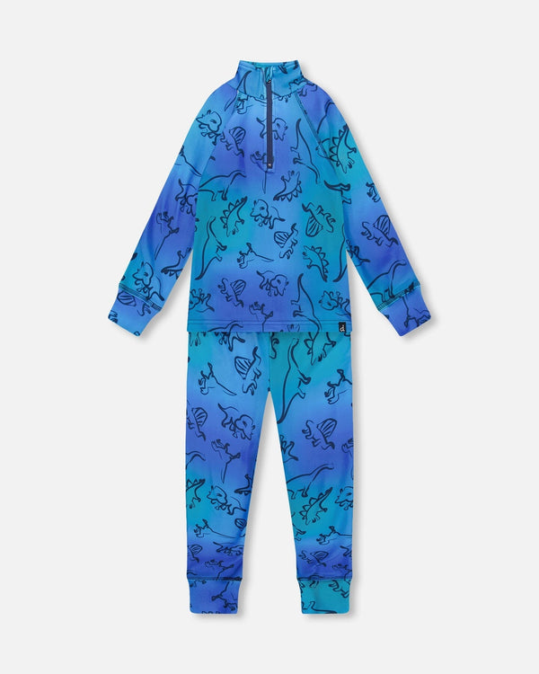 Two-Piece Thermal Underwear Set Blue Gradient Dinosaur Print - H10Y600_027