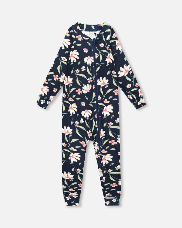 One-Piece Thermal Underwear Navy Flower Print - H10Y700_016