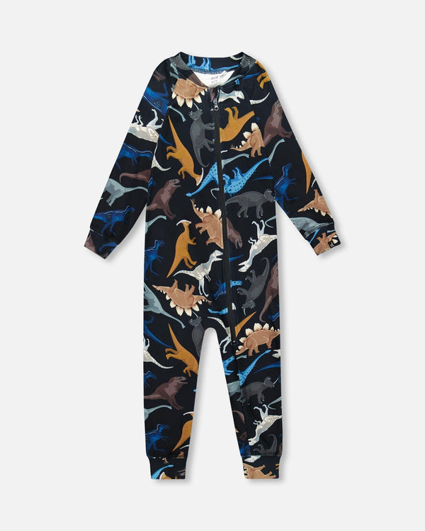 One-Piece Thermal Underwear Black Dinosaur Print - H10Y700_026