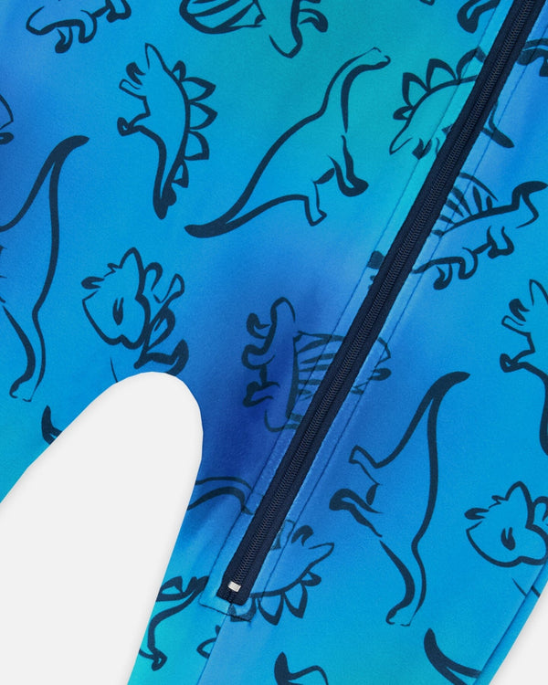 One-Piece Thermal Underwear Blue Gradient Dinosaur Print - H10Y700_027