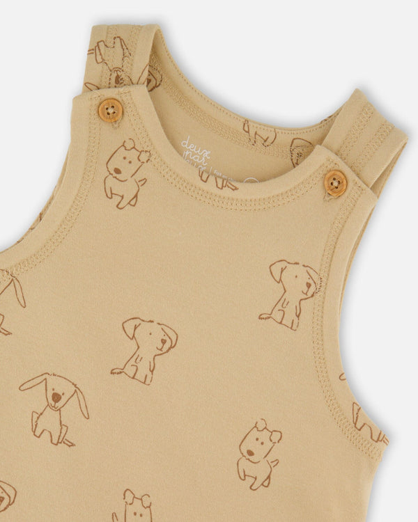 Organic Cotton Onesie With Overalls Set Beige Printed Dogs - H20C43_043