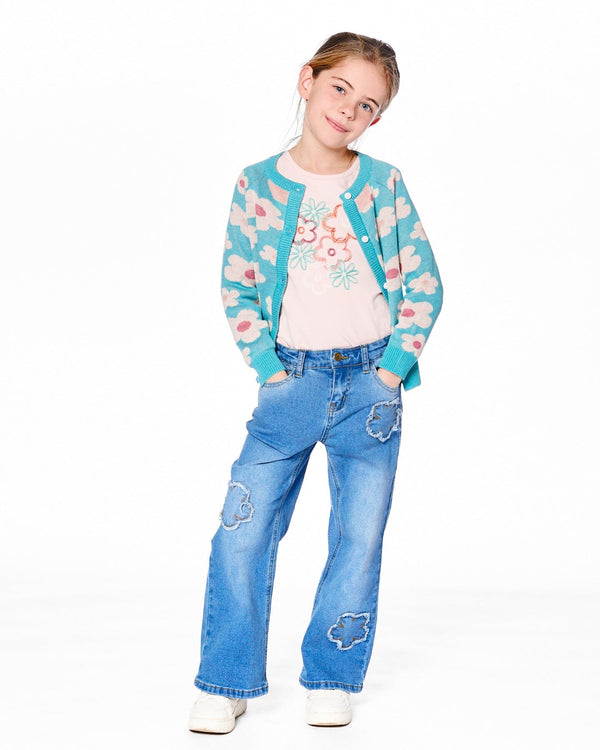 Wide Leg Stretch Light Blue Denim Jeans With Flower Stitching - H20G20_125
