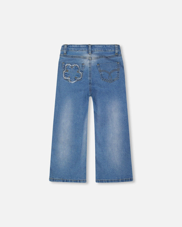 Wide Leg Stretch Light Blue Denim Jeans With Flower Stitching - H20G20_125