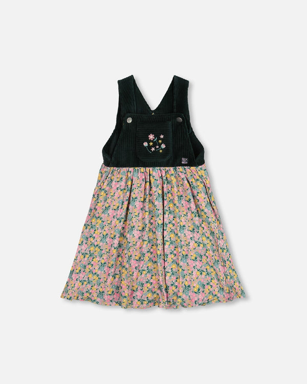 Bi-Material Overall Dress Green With Flower Print - H20J40_074