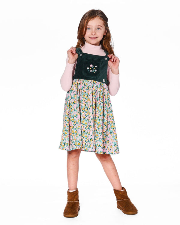 Bi-Material Overall Dress Green With Flower Print - H20J40_074