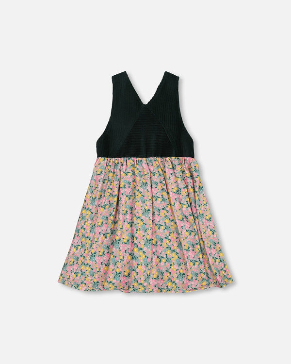 Bi-Material Overall Dress Green With Flower Print - H20J40_074