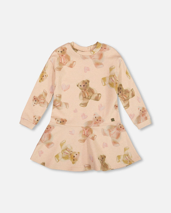Glittering French Terry Dress Beige Teddy Bear Print - H20LG86_083