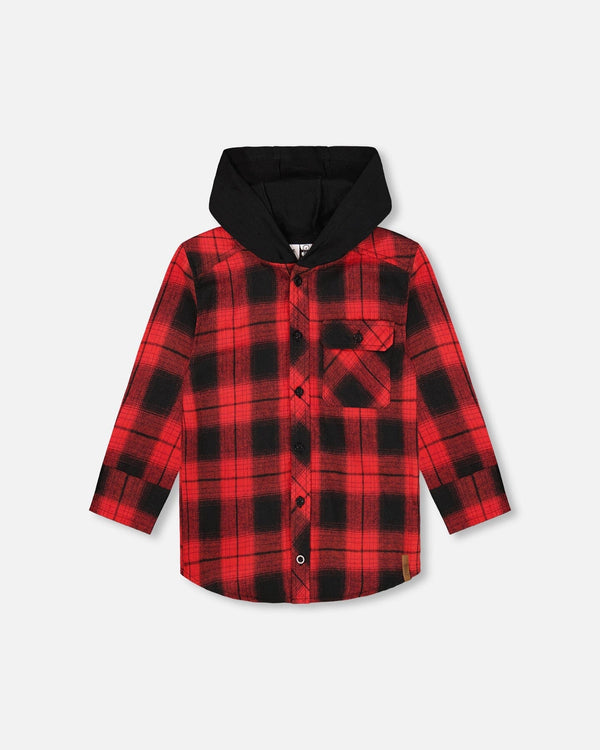 Plaid Flannel Shirt With Hoodie Red And Black - H20OB16_085