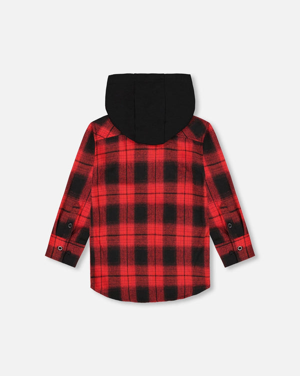 Plaid Flannel Shirt With Hoodie Red And Black - H20OB16_085
