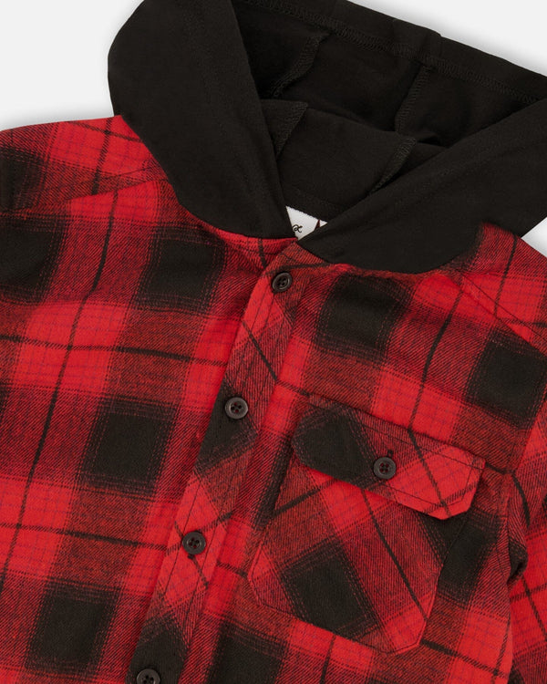 Plaid Flannel Shirt With Hoodie Red And Black - H20OB16_085