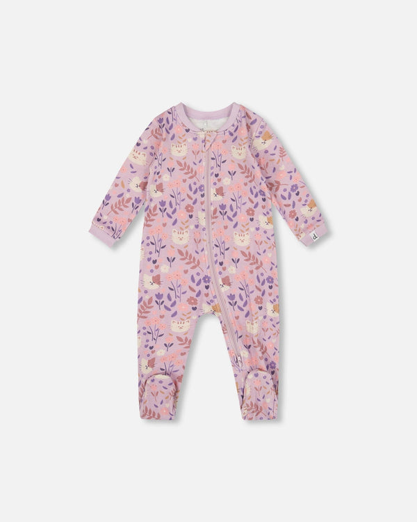 One-Piece Organic Cotton Pajama Lilac Cat Print - H20PA40US_008