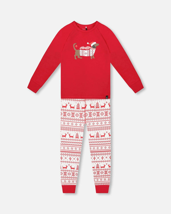 Organic Cotton Two-Piece Pajama Set Red And White Fairisle - H20R10US_089