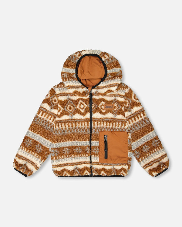 Reversible Mid-Season Sherpa Jacket Brown Aztec Pattern - H20W65_948