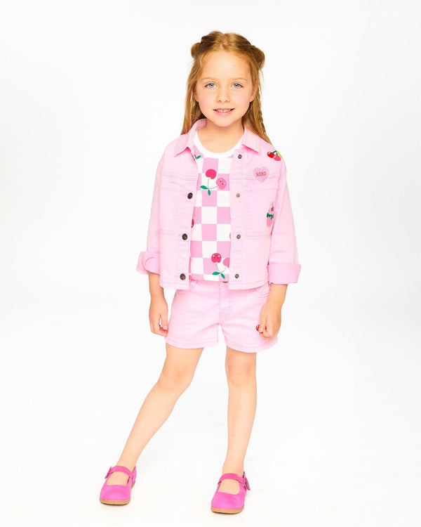 Pink Denim Jacket With Embroidered Patches - H30L50_06050