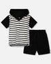 Hooded Terry T-Shirt With Shorts Set Black And White Stripes - H30OB12_04810
