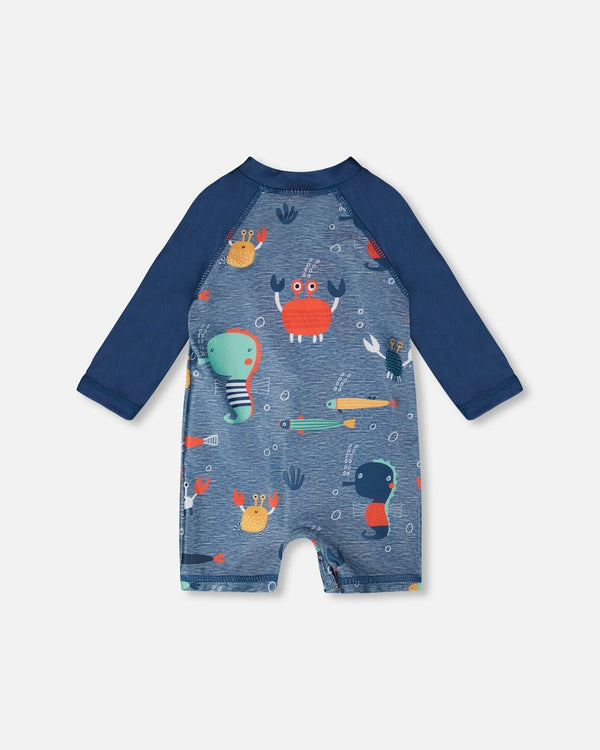 Baby And Toddler One-Piece Long Sleeve Rashguard Blue Printed Marine Animals - H30OB16_3H158