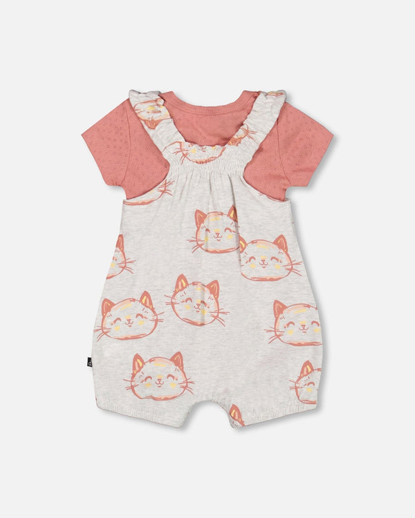 Organic Cotton Pointelle Knit Onesie And Shortall Set Heather Beige With Printed Cat - F30A12_078