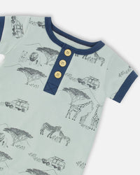 Organic Cotton Romper Sage With Printed Jungle - F30D40_076