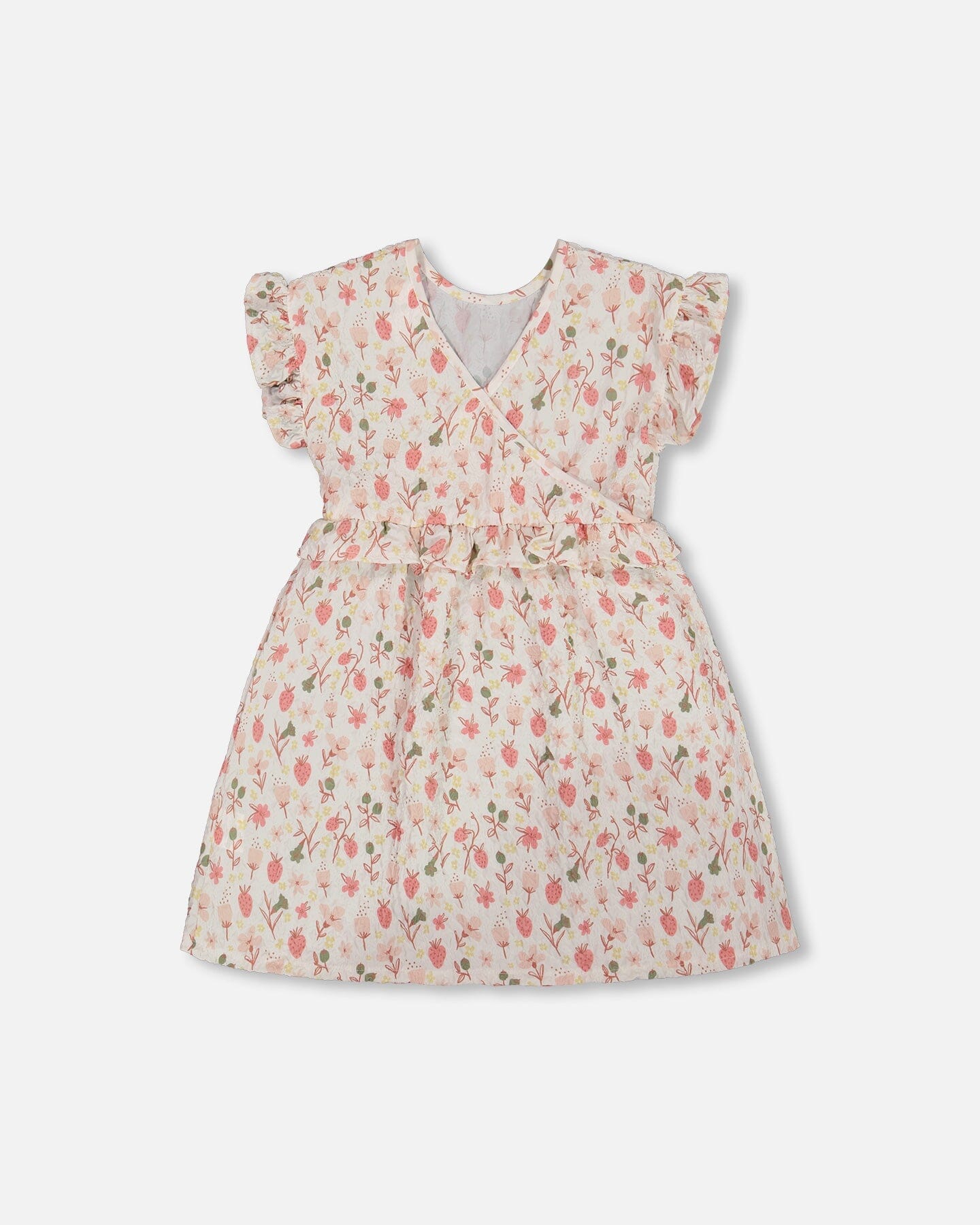 Printed Seersucker Dress With Frill Pink Flowers On Cream Background - G30I88_097
