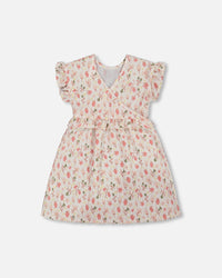 Printed Seersucker Dress With Frill Pink Flowers On Cream Background - G30I88_097