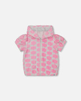 Cardigan à capuchon à manches courtes en ratine imprimée rose vif et blanc