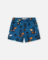 Short de bain imprimé de paresseux orange sur fond bleu marine