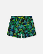 Short de bain imprimé de jungle verte sur fond noir