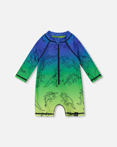 Rashguard une-pièce à manches longues imprimé avec dinosaures verts et bleus