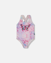 Maillot de bain une-pièce imprimé avec papillons roses et effet bulle