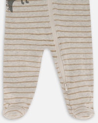 Printed Organic Cotton One-Piece Pajama Dinosaur On Mottled And Tan Background Pajamas Deux par Deux 