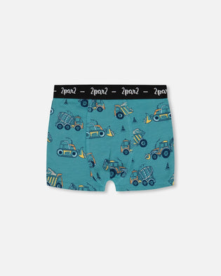 Printed Organic Cotton Boxer Shorts Teal With Yellow Truck - G30PB60_045