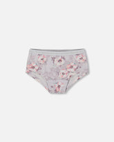 Culotte garçonne imprimée à fleurs rose pâle sur fond lilas neutre en coton biologique