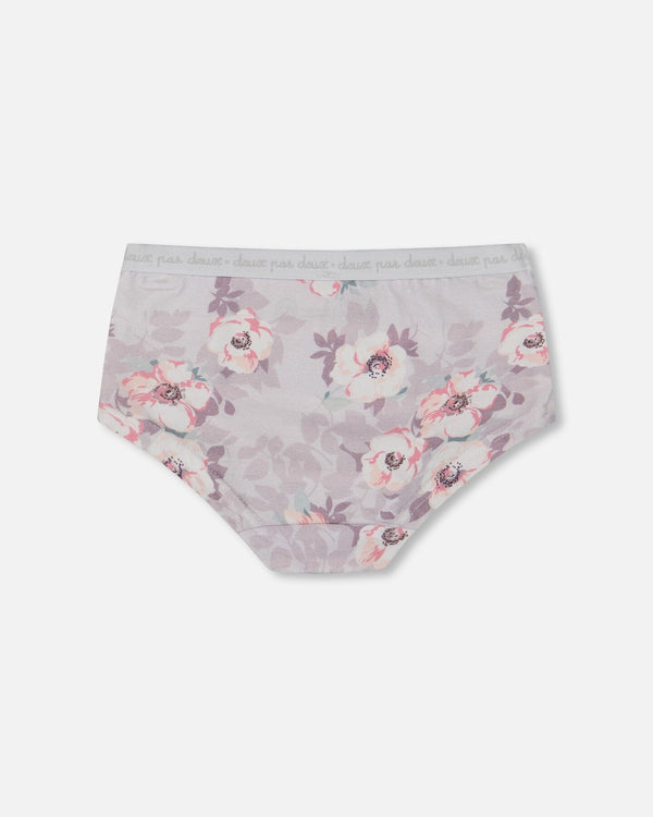 Printed Organic Cotton Boyshort Panty Pale Pink Flowers On Neutral Lilac - G30PG60_032