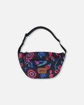 Sac banane imprimé noir avec éléments bleus et roses