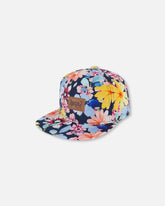 Casquette imprimée bleu marine à fleurs jaunes et roses